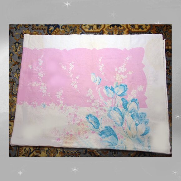 Vintage TABLECLOTH is Linen Pink & White & Turquoise 59 x 78" BIG! - Picture 6 of 11